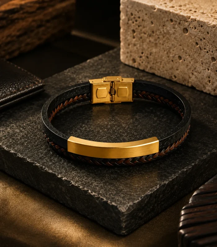 Nur Design Atelier Atlas Gold Deri Erkek Bileklik