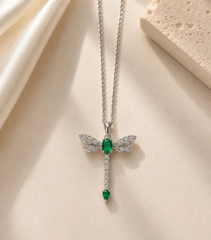 Nur Design Atelier Emerald Dragonfly Gumus Celik Kolye