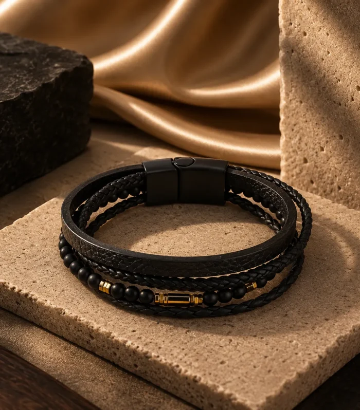 Nur Design Atelier Obsidian Elite Cok Katmanli Deri Erkek Bileklik