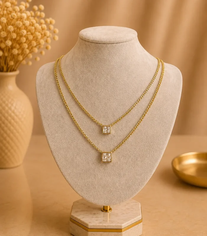 Nur Design Atelier Luna Duo Zirkon Kare Celik Kolye