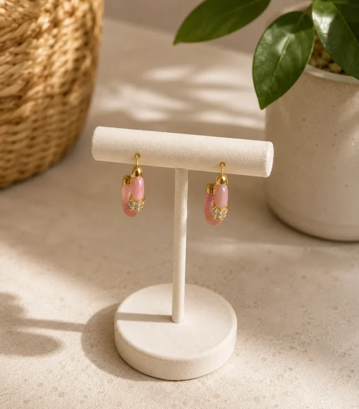 Nur Design Atelier Pembe Tasli Gold Halka Kupe