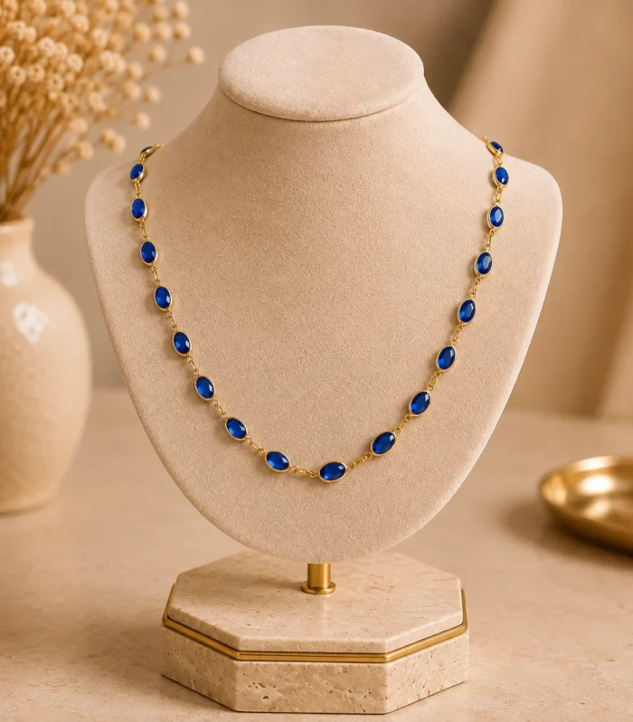 Nur Design Atelier Sapphire Zarafeti Mavi Tasli Celik Kolye