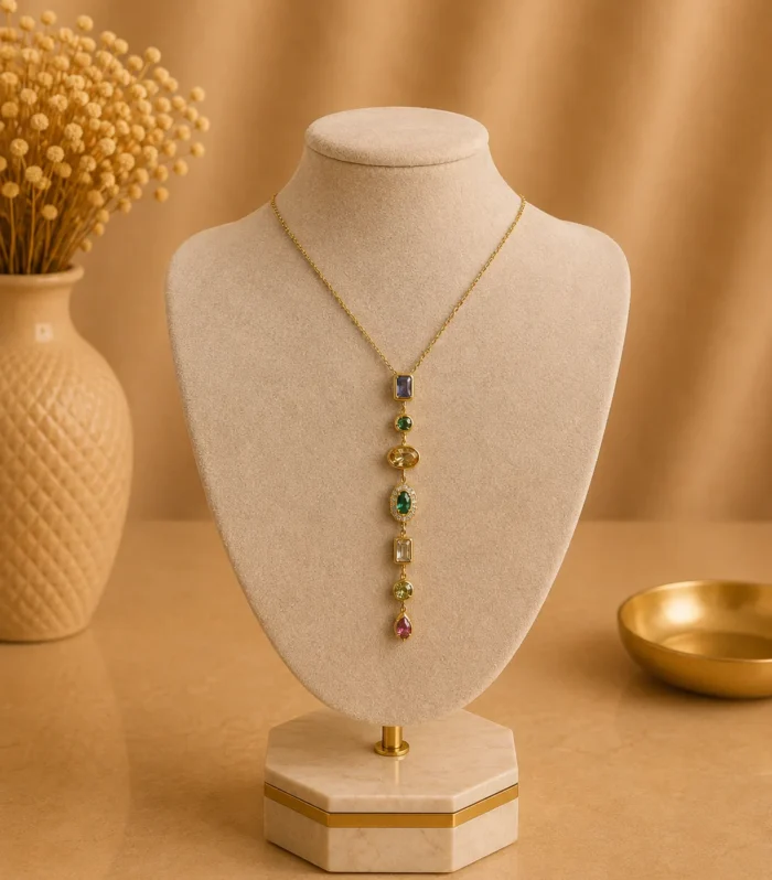 Nur Design Atelier Selene Renkli Zirkon Tasli Sallantili Celik Kolye