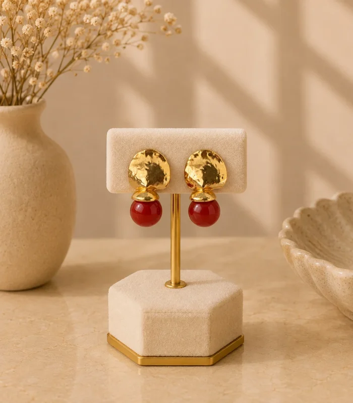 Nur Design Atelier Gold Kirmizi Boncuk Kupe
